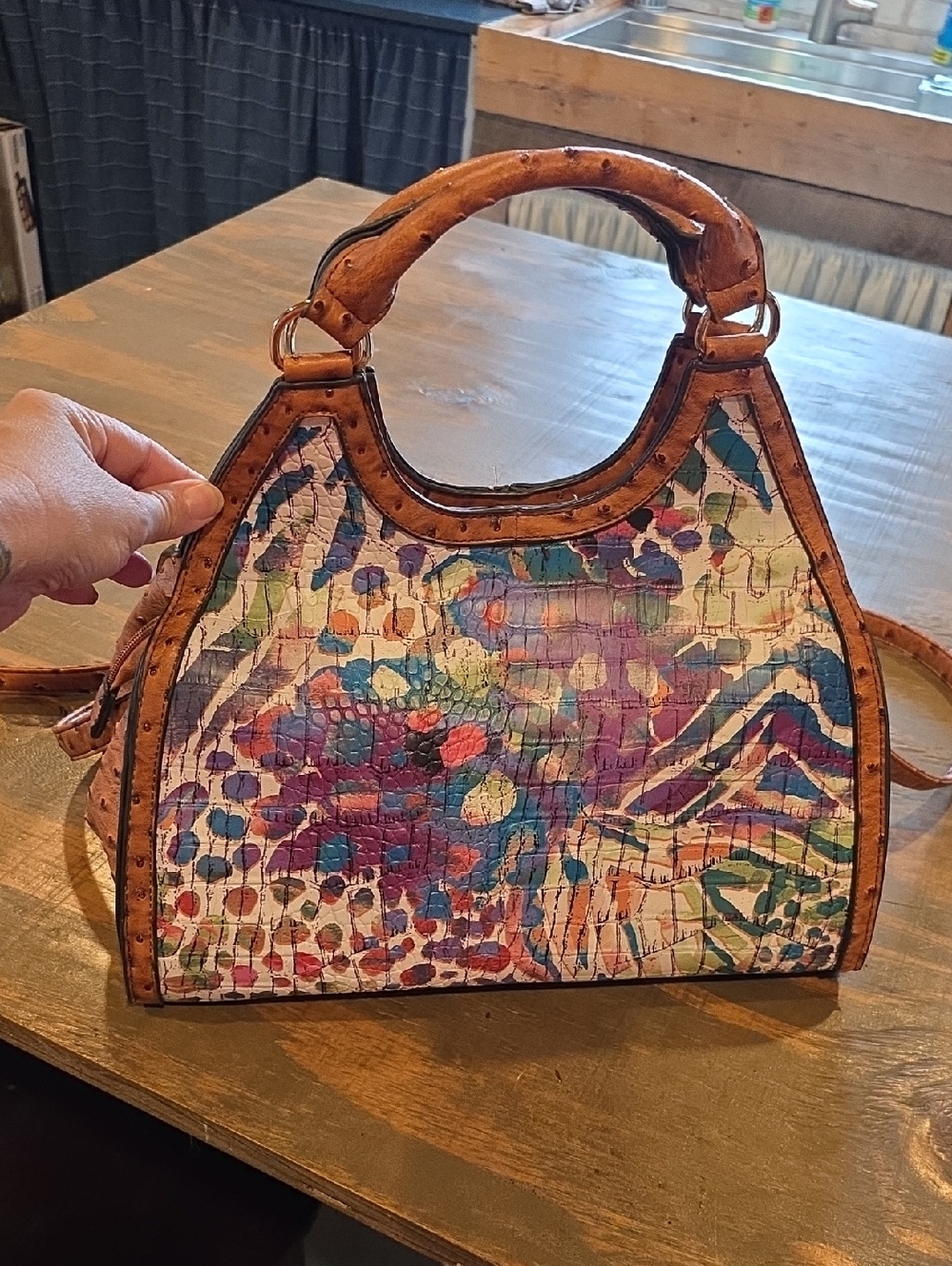 Cato Multicolor Patterned Satchel with Tan Trim